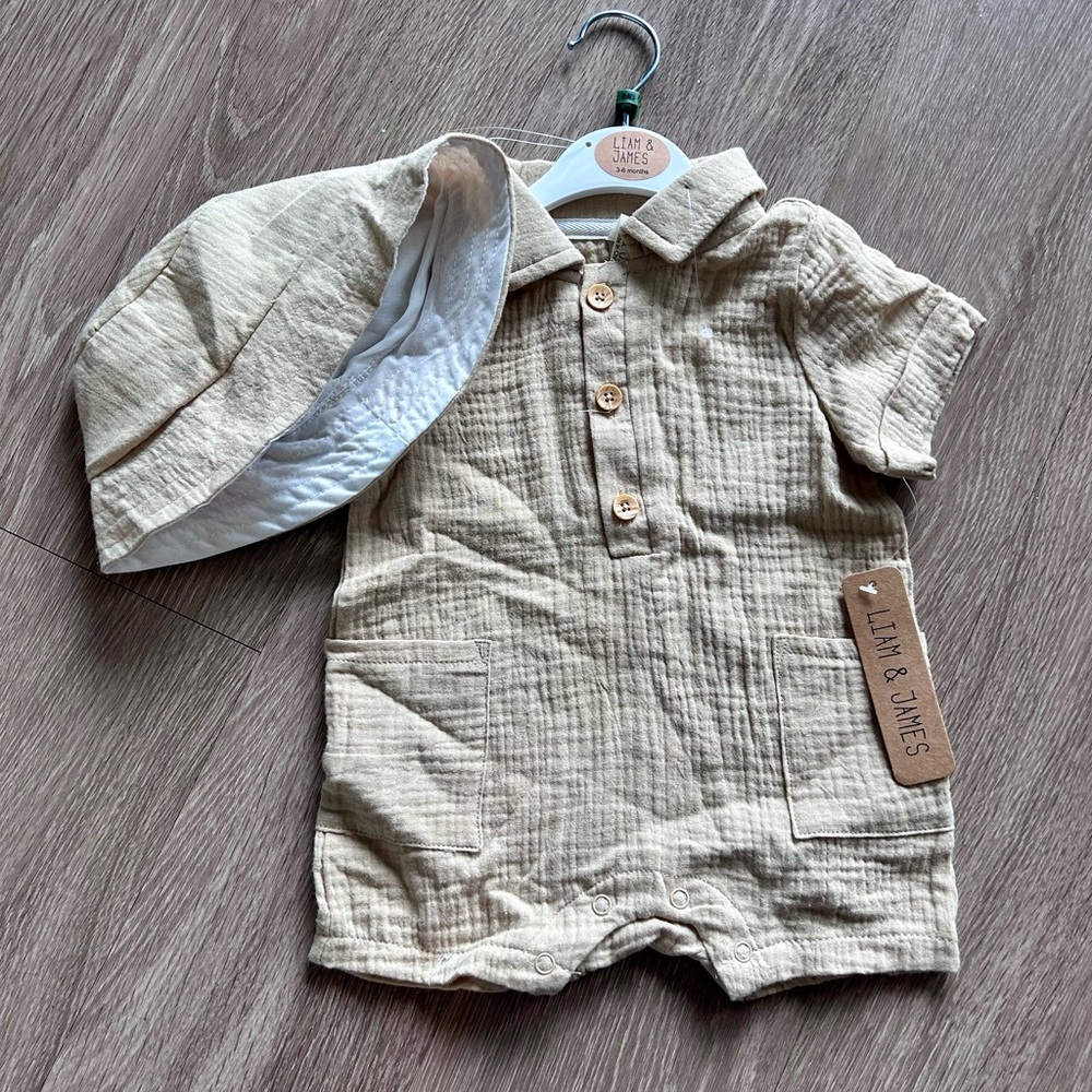 NWT Liam & James Baby Romper Hat Set Beige Gauze Summer 3-6M